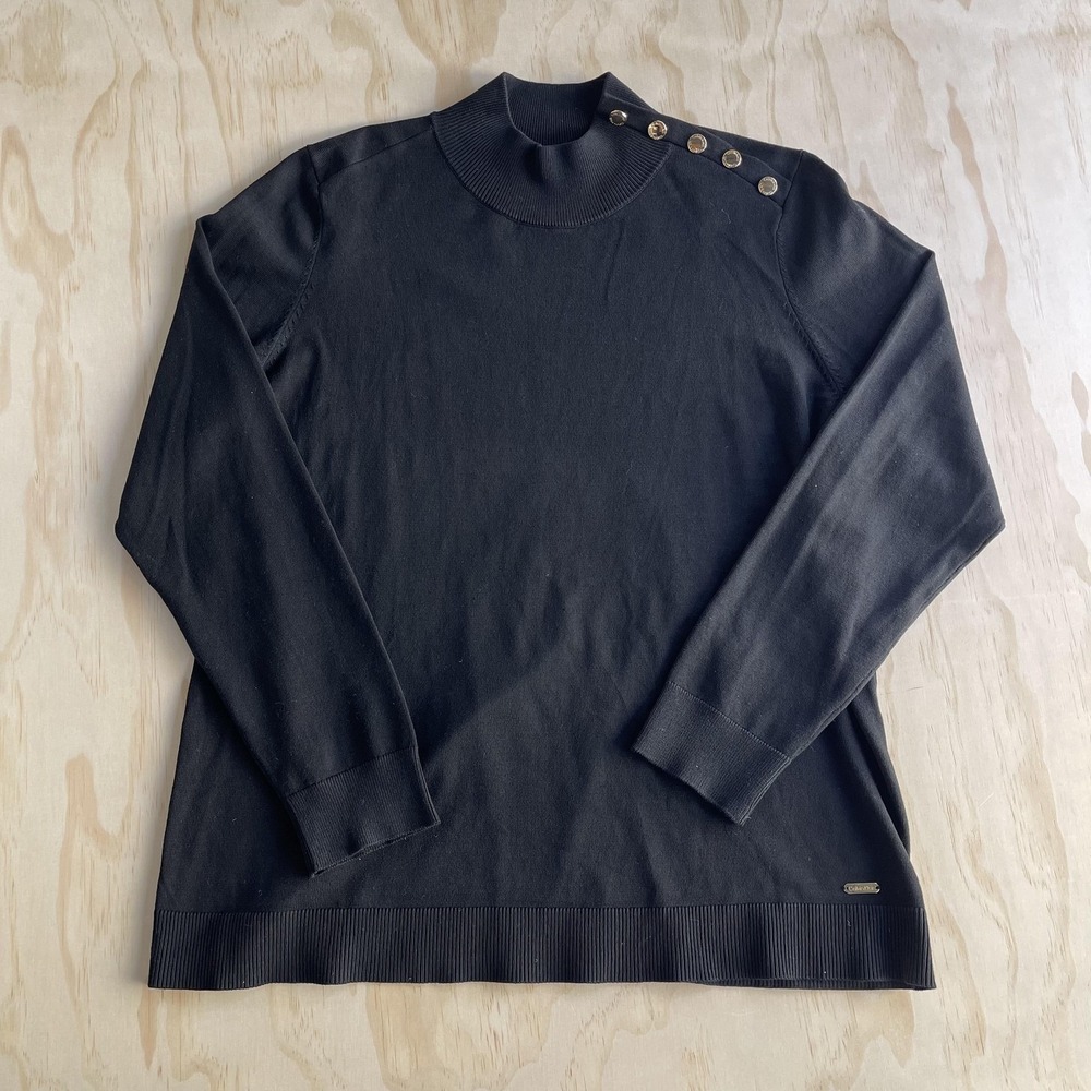 Calvin Klein Sweater Womens‎ Large Black Mock Neck Button Shoulder Knit Pullover